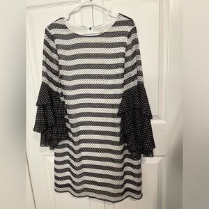 Cato Women's Sz Medium Black White Polka Dot Contrast Lined Flounce Sleeve Dress